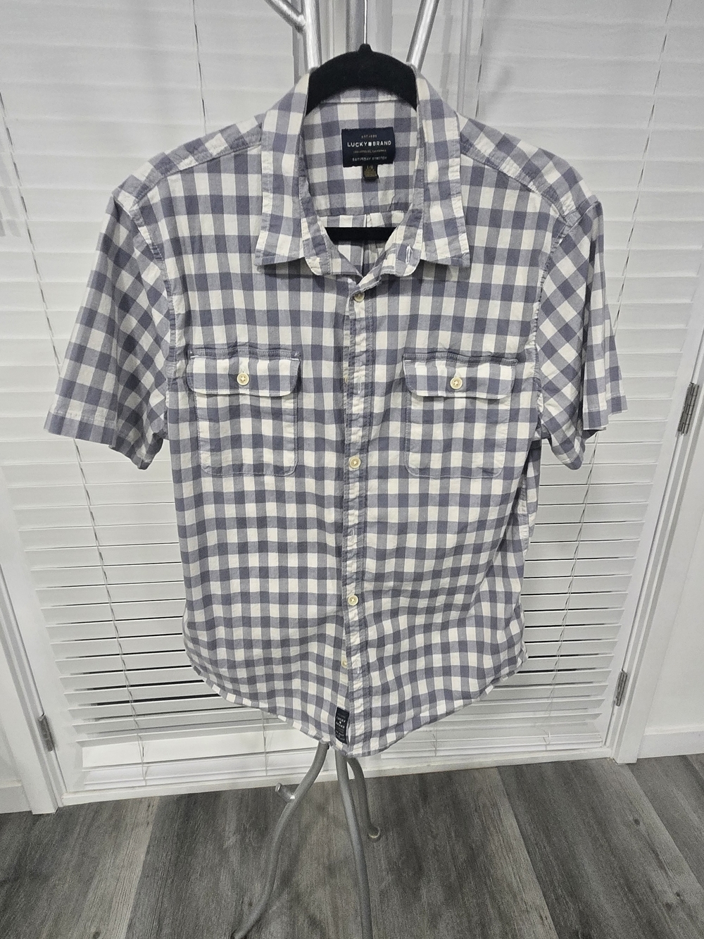 Lucky Brand Men’s Short Sleeve Check Shirt - Light Gray & White